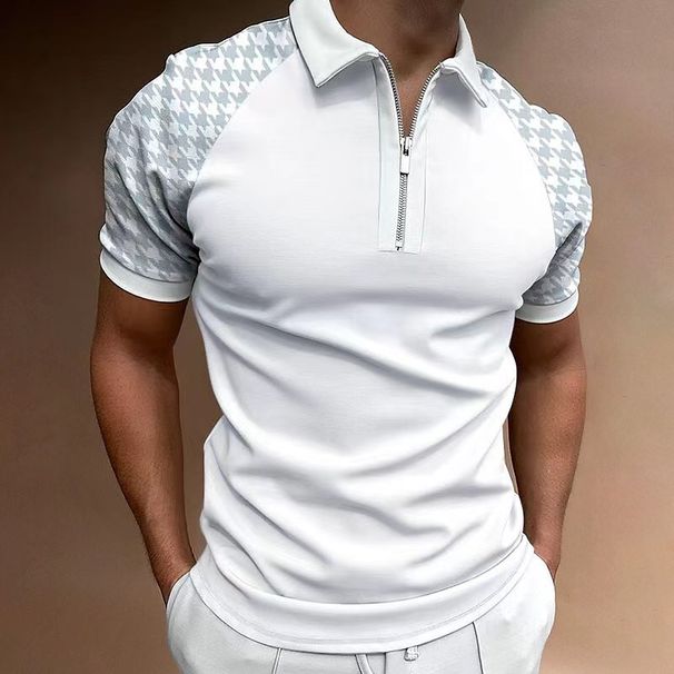 herenpoloshirt met korte mouwen en geruite T-shirt met rits en kleurvlakken_voghion.com