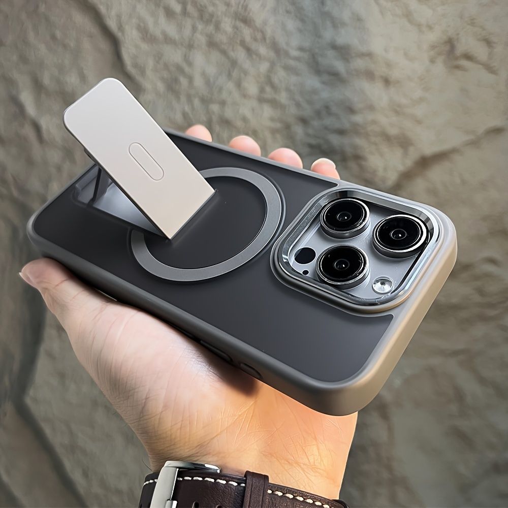 Luksus med stativ, mat, gennemsigtig, magnetisk, trådløs opladningscover til 15 14 13 12 11 Pro Max Plus, metalkameraring, stødsikker_voghion.com