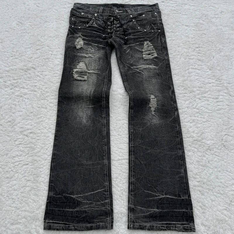 Herrenbekleidung Sommer Y2k Washed Jeans Street Gothic Retro Micro Flared Double Waist Hose_voghion.com