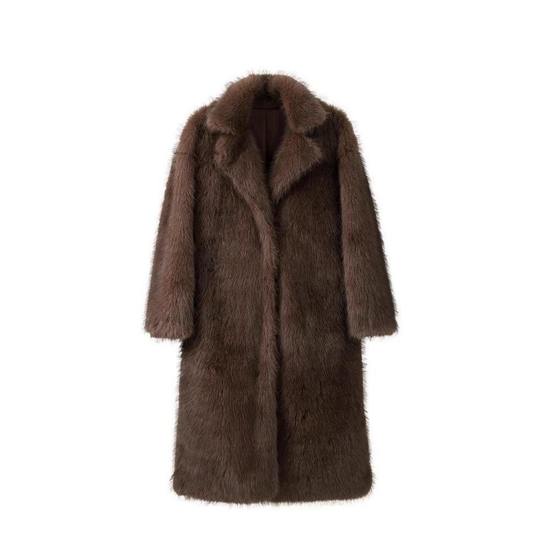 Cappotto lungo di lusso in pelliccia sintetica di volpe, elegante soprabito invernale da donna - Capispalla lungo fino alla caviglia in peluche, colore marrone intenso (S, M, L, XL, XXL)_voghion.com