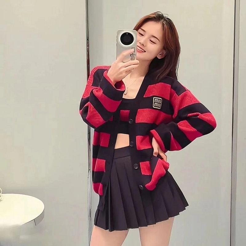Red striped knitted cardigan jacket for spring and summer, paired with college style sweater top_voghion.com
