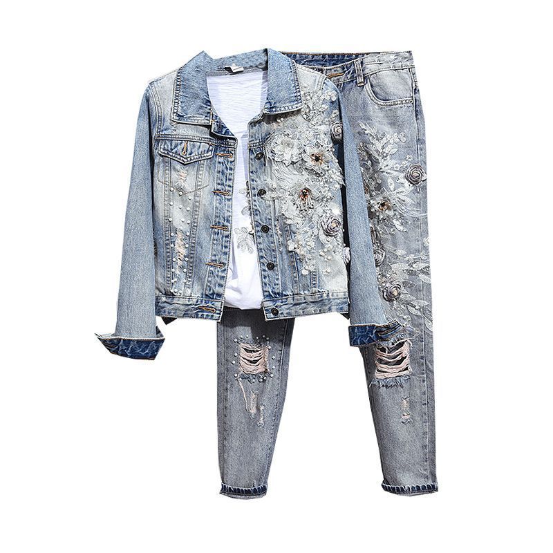 Roupas femininas Flor Denim Jaqueta Jeans Rasgado Conjunto de duas peças_voghion.com