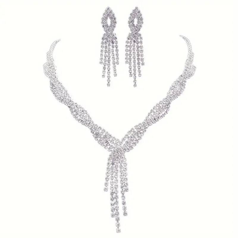 4 Parça/Set Hafif Lüks Akşam Çantası Gelin Taşlı Püskül Kolye Küpe Bilezik Takı Seti_voghion.com