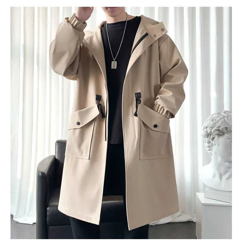 Men's Men'S Windbreaker Jacket Long Trench Oversize Loose Streetwear Hooded Vintage Black Coats High Street Casual Male_voghion.com