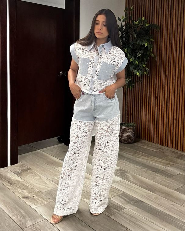 Summer Women's Denim & Lace 2-Piece Set – Cropped Sleeve Top & Straight-Leg Pants (S-XXL) | Trendy Streetwear With Rhinestone Details_voghion.com