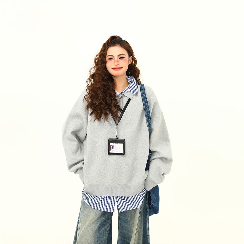 Maglione in stile college con colletto rovesciato di alta qualità, due pezzi, stile Wild Azi American, per donna, versatile, primavera e autunno_voghion.com