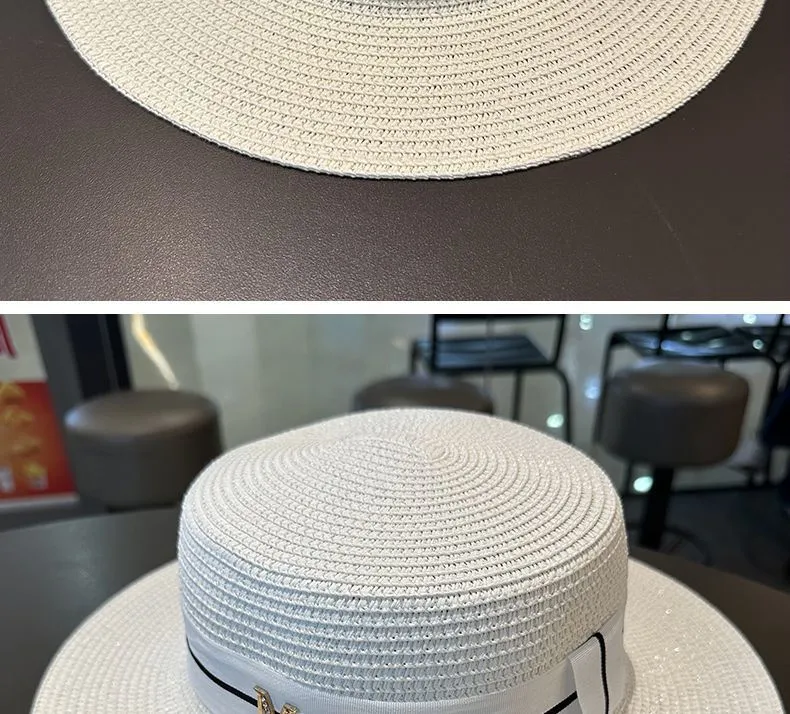 Chapeau d'été pour femmes français paille tressée chapeau de paille à bord plat avec grand bord solaire chapeau de soleil mode chapeau de plage_voghion.com