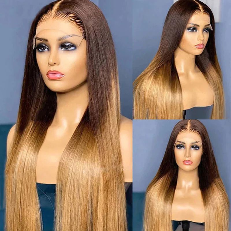 4/27 Ombre Lace Front Wig Human Hair Virgin Straight Transparent Lace Frontal Wigs 150% Density Honey Blonde Glueless Lace Front Wigs Pre Plucked_voghion.com