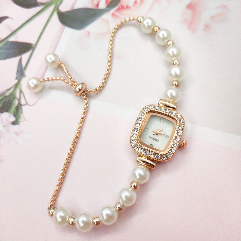 Montre-bracelet carrée tendance pour femme avec perles et diamants_voghion.com