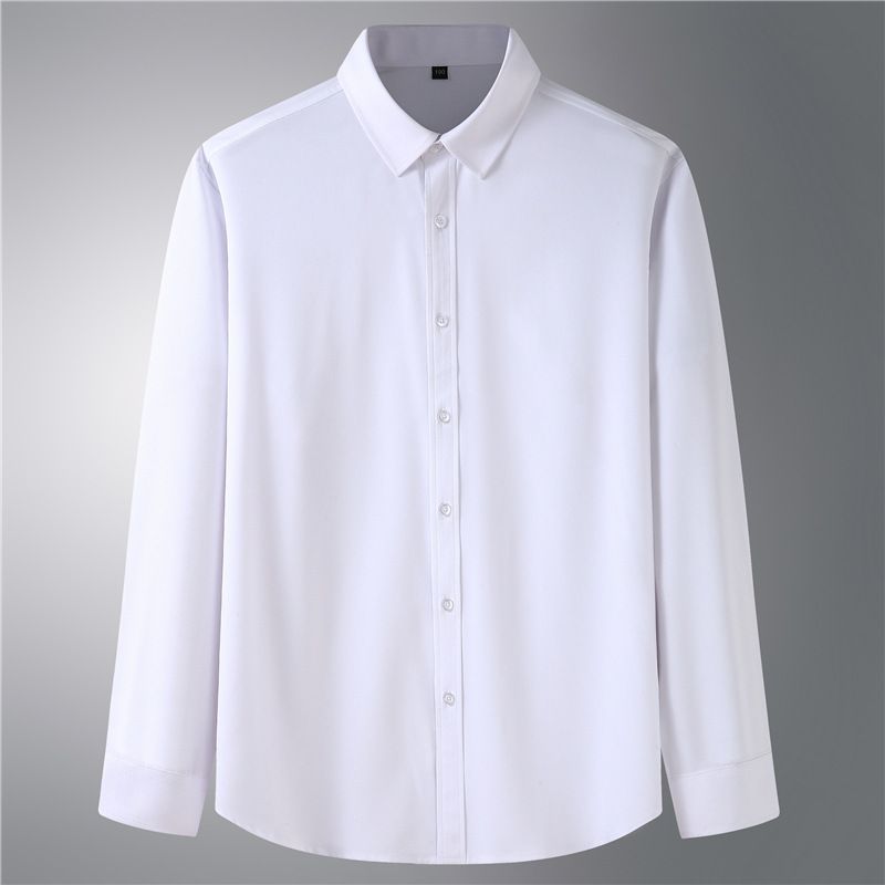 Plus size men's solid color stretch long-sleeved shirt men's spring and autumn new large size fat brother business casual professional shirt thin_voghion.com