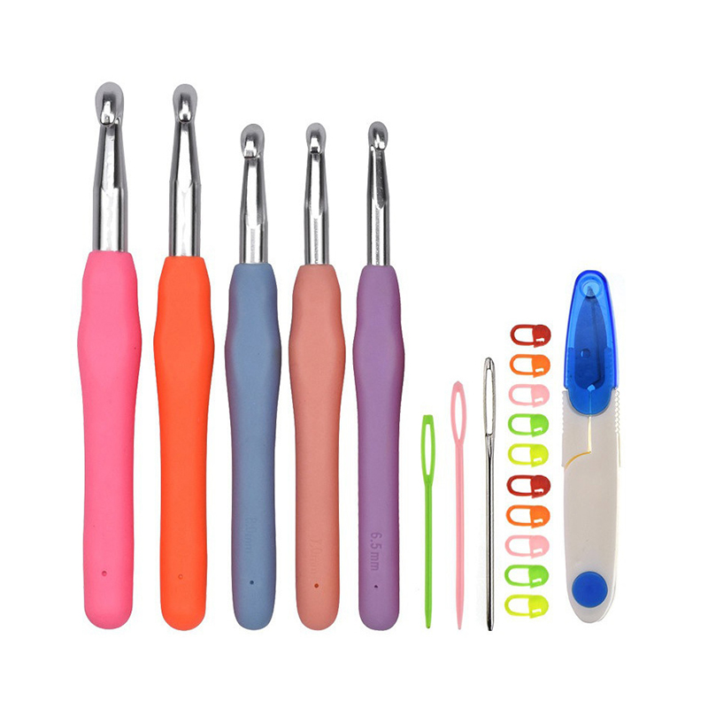 1Set Aluminium Crochet Hook Soft Shank Knitting Tools Sweater Needles Coloured Single Head Solid Silicone Crochet Hook with Marking Pins_voghion.com