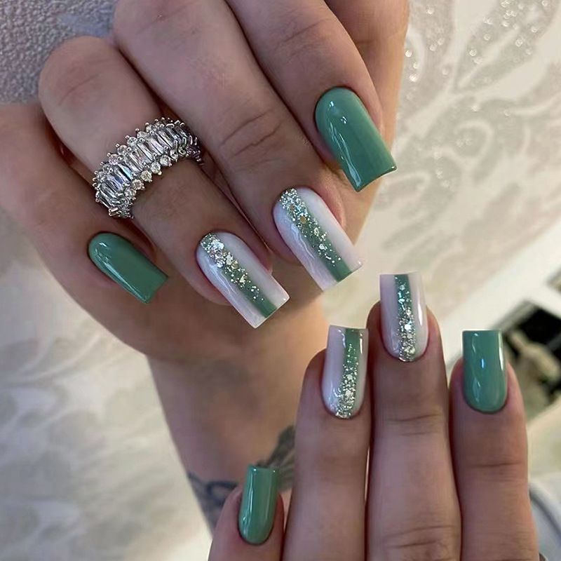 24 piezas de uñas postizas de cabeza cuadrada con purpurina corta y borde francés, cobertura total, puntas postizas, acabado de ballet usable_voghion.com