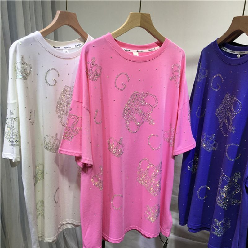 Extra grote maat 2-300 pond Heavy Industry Hot Diamond T-shirt Crown Shiny korte mouwen modieuze top_voghion.com