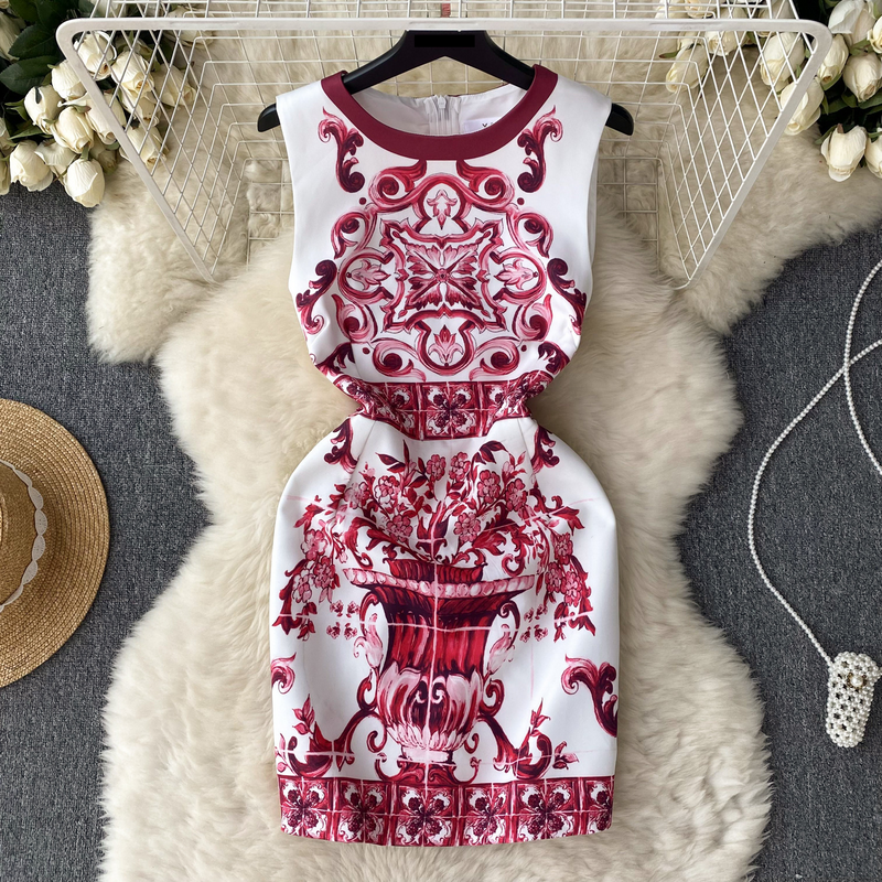 Ärmelloses Kleid im Retro-Palaststil mit Aufdruck für Damen im Sommer, hohe Taille, schmaler Westenrock mit Rundhalsausschnitt_voghion.com