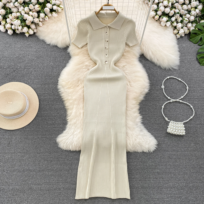 Sieviešu apģērbs Jauns elegants retro temperamenta īsās piedurknes polo apkakles vidukļa slaidinošs trikotāžas gurnu kleita_voghion.com