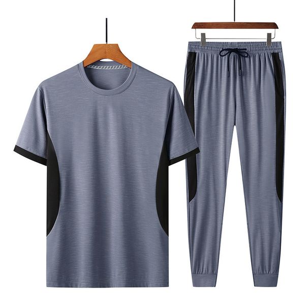 Herrenbekleidung Sommer Kurzarmanzug Herren Freizeit Eis Seide Männer mittleren Alters Plus Size Sporthose zweiteiliger Anzug Fett_voghion.com