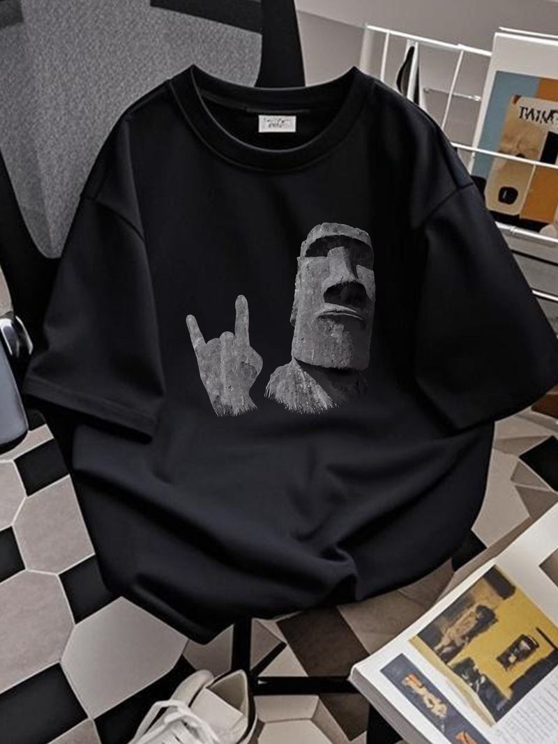 Divertente maglietta con il simbolo delle corna dell'Isola di Pasqua, raffigurante una statua Moai, taglia S-5XL, grafica casual traspirante, da indossare tutti i giorni, alla moda e alla moda._voghion.com