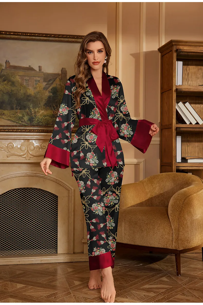 Women’s Clothing New Silk Pajamas Autumn Women's Long Sleeved Suit Stylish Color Ice Silk Home Two Piece Pajamas_voghion.com