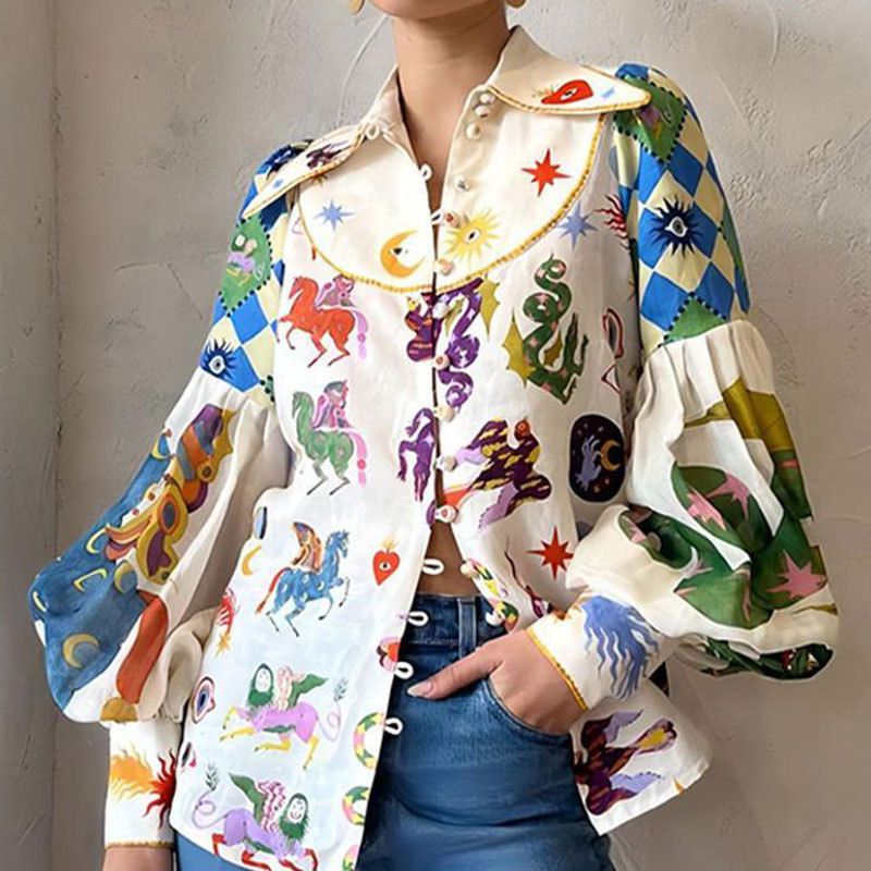 Damenbekleidung Lockeres, lässiges, einreihiges Langarmhemd mit Cartoon-Print am Revers_voghion.com