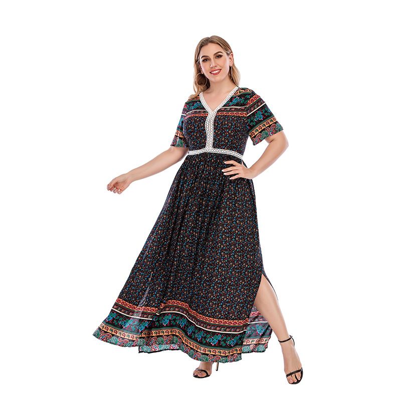 Rochie marime plus dama bumbac uman matase dantela fusta lunga florala _voghion.com