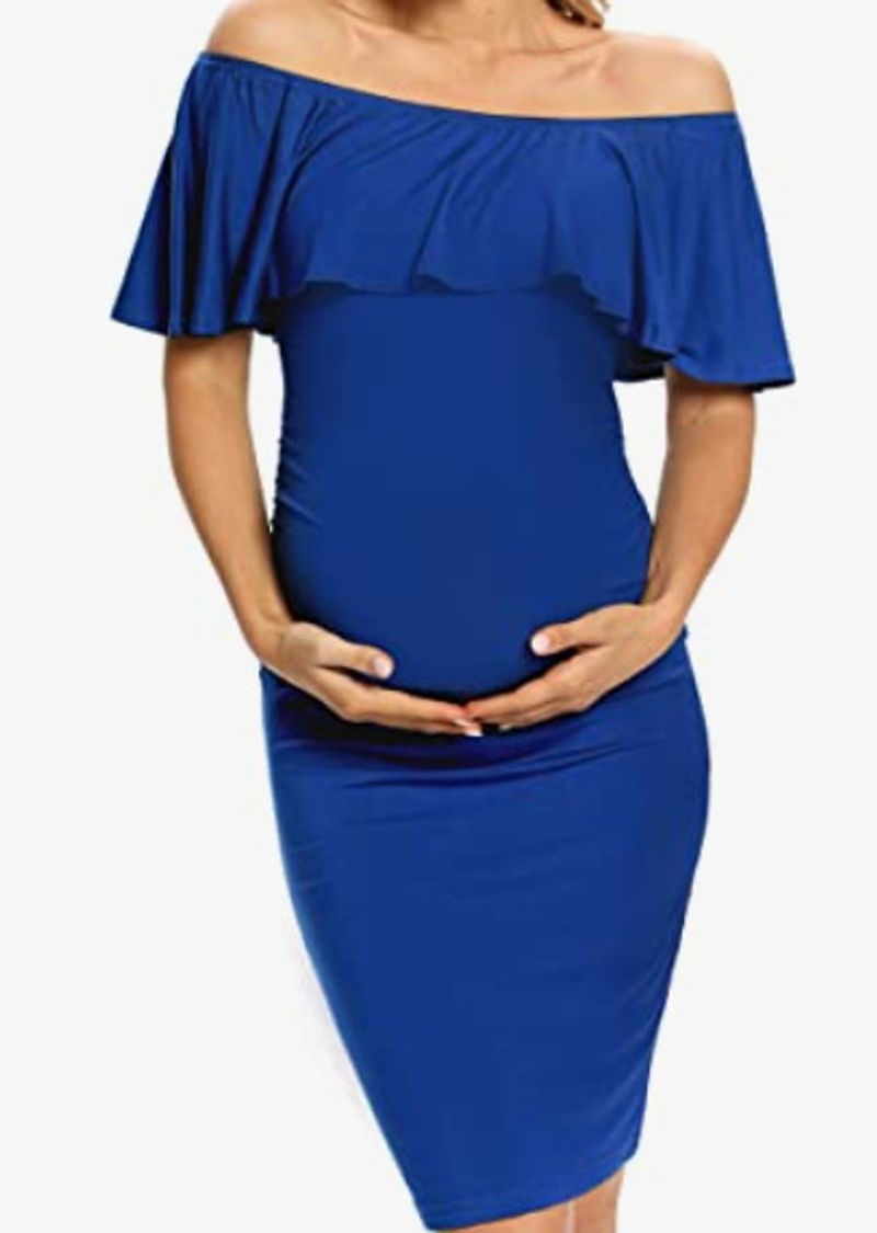European And American Maternity Dress For Women, Sleeveless, Ruffled, One Shoulder Maternity Dress, Ruffled, Knee Length, Slim Fitting Maternity Dress_voghion.com