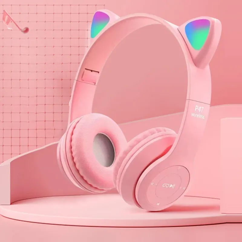 Vezeték nélküli Bluetooth fejhallgató macskafül játék fejhallgató Glow Light sisakok aranyos sport zenés fejhallgatók gyerekeknek lányoknak ajándékok_voghion.com