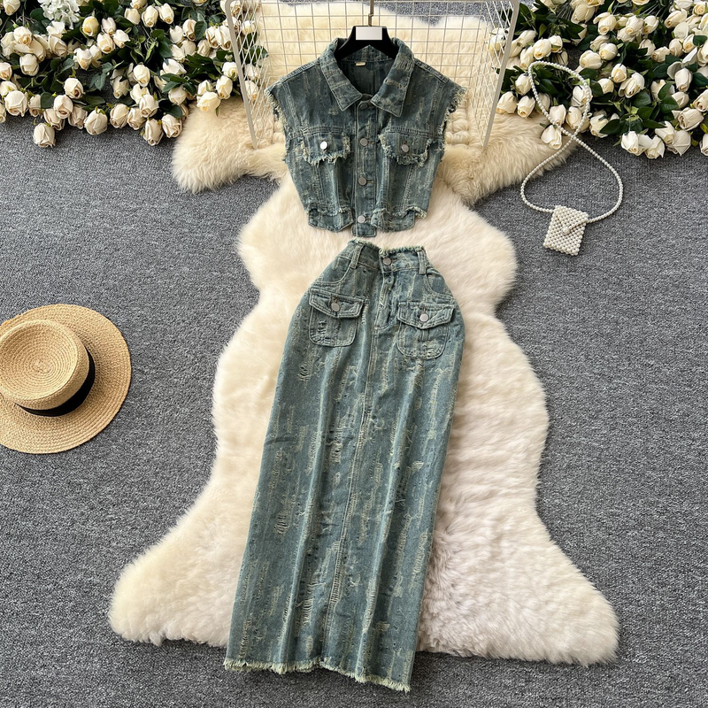 Modny garnitur dla kobiet Elegancki nowy styl Bez rękawów Krótki podarty dżins Top Wysoka talia Spódnica biodrowa_voghion.com