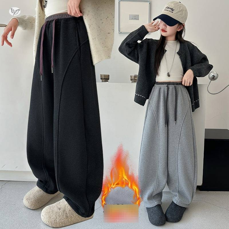 Pantalon de jogging doublé polaire pour filles, avec taille bicolore, jambes larges et ourlet arrondi, pantalon long décontracté d'hiver pour les grandes enfants (8 ans et plus, 140 cm et plus)_voghion.com