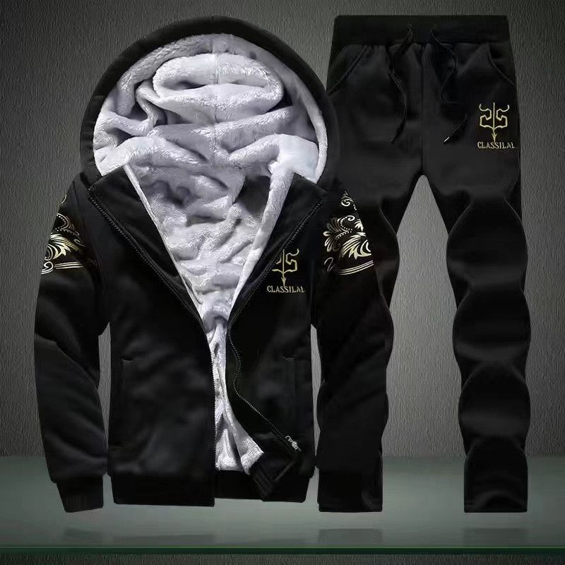 Y7 Fleece-Lined Winter Two-Piece Thickened Men's Suit New Fashionable Stylish Casual Sports Set_voghion.com