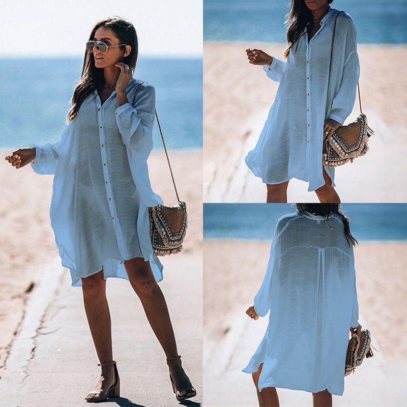 Women's Lightweight Chambray Shirt Cover-Up – Beach Dress, Swimwear Wrap, Sun Protection Top, Casual Loose Fit Tunic_voghion.com