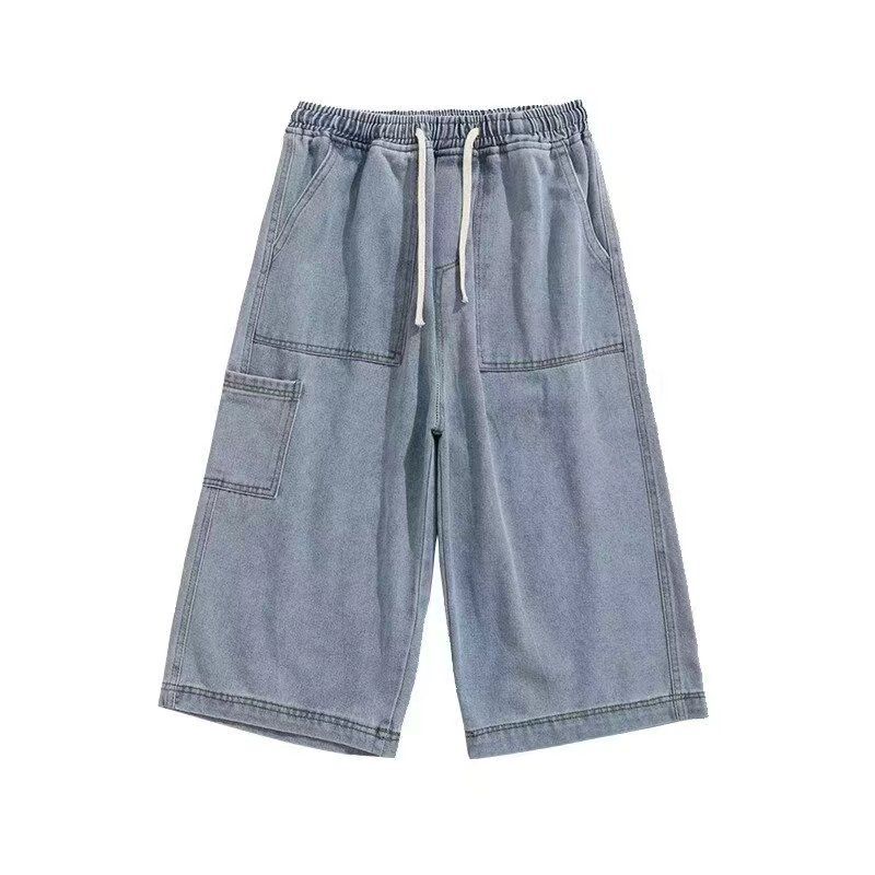 Men's Clothing Summer overalls men's brand loose straight casual cropped pants elastic waist wide leg denim shorts_voghion.com