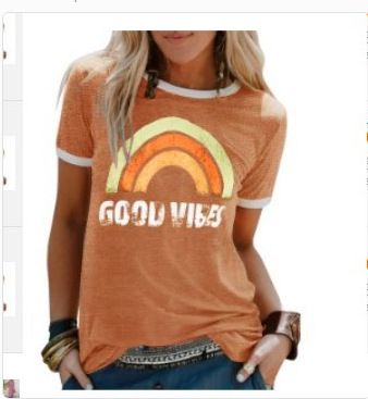 Eladó Női Felsők GOOD VIBES Szivárványmintás Kerek Nyakú Rövid Ujjú Póló_voghion.com