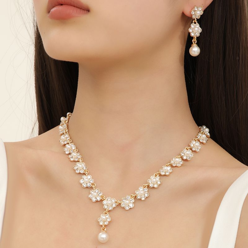 Luxury Bridesmaid Gold Color Jewelry Crystal Necklace Earrings Wedding For Woman's Pearl Jewelry Set_voghion.com