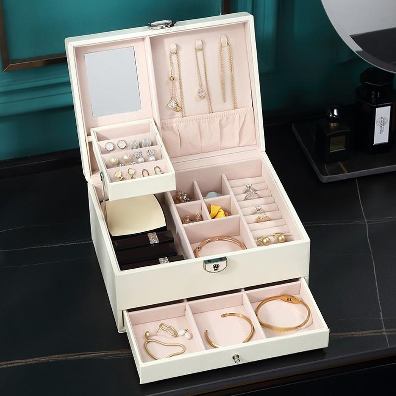 Jewelry Storage Box Large Capacity PU Leather Organizer With Mirror Lock Multi-Layer Design For Earrings Rings Necklaces Bracelets Home Use_voghion.com