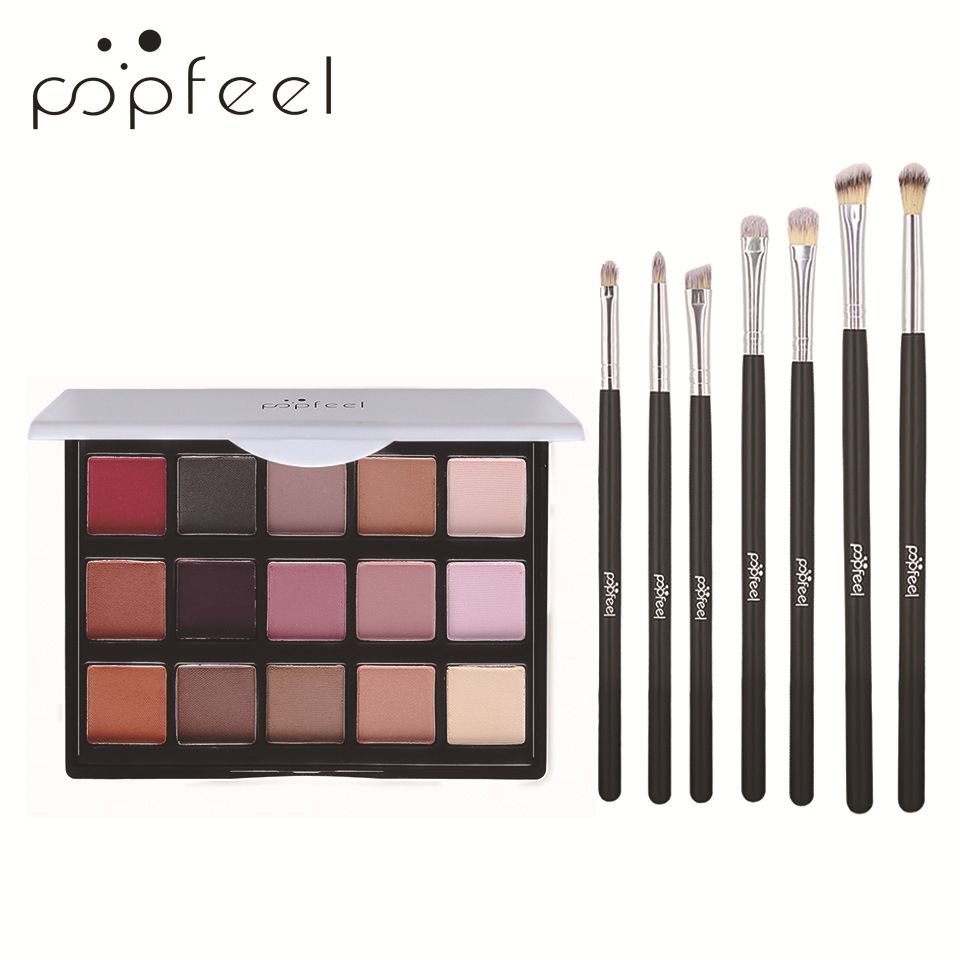 Set di trucco POPFEEL 15 ombretti colorati, palette di ombretti opachi perlati color terra e 7 pennelli per il trucco._voghion.com