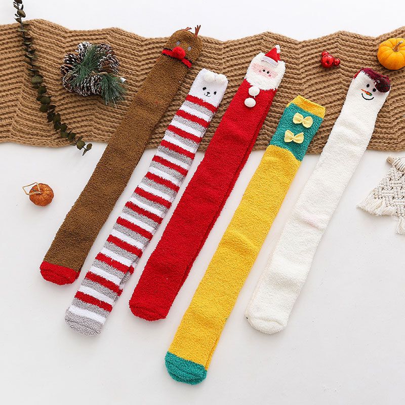3-Pair Women's Coral Fleece Christmas Socks, Non-Shedding Fuzzy Sleep Socks With Half-Side Plush, Festive Ankle Socks For Home_voghion.com