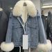 Damenbekleidung: Neue Winterjacke aus Pelz und verdicktem Samt mit abnehmbarem Futter aus Jeansstoff für Damen_voghion.com