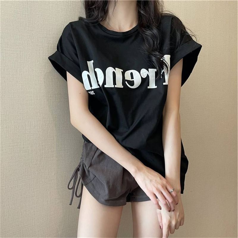 Summer Fashion Top Tee Women's Round Collar Letter Printing Dropped Shoulder Short Sleeve Casual T-Shirt M-2XL_voghion.com