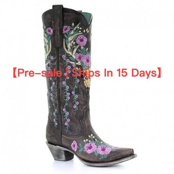 【Vorverkauf | Versand in 15 Tagen】Damen-Westernstiefel in Übergröße mit Stickerei, klobigem Absatz und farblich passenden Übergrößenstiefeln_voghion.com