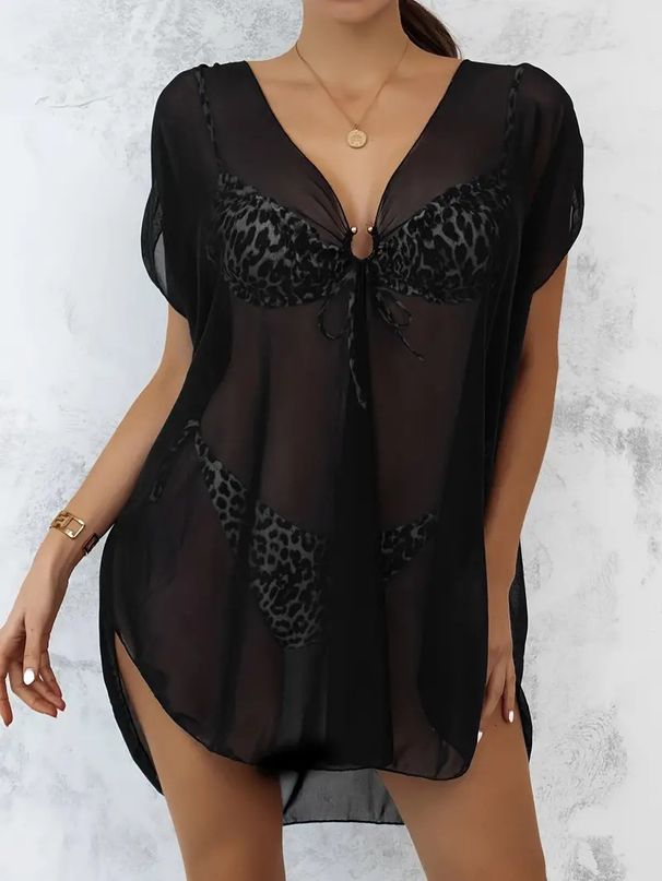 Abito da spiaggia sexy in rete trasparente con scollo a V, tinta unita, estivo 2024_voghion.com