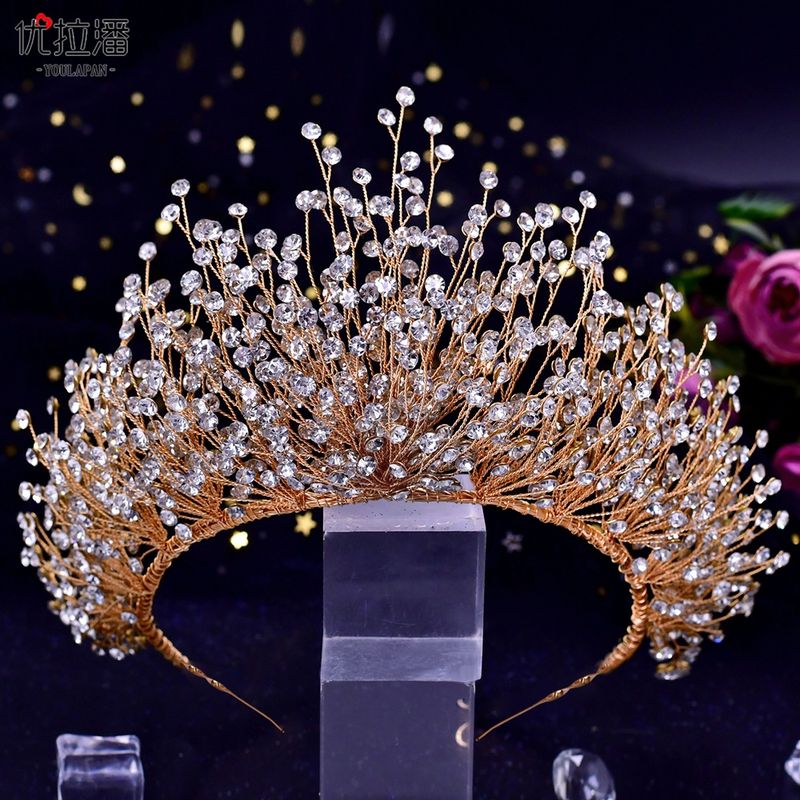 Youlapan Luxury Bridal Headwear Crown AB Colorful Diamond Necklace Earrings Three Piece Set Hair Accessories HP193_voghion.com