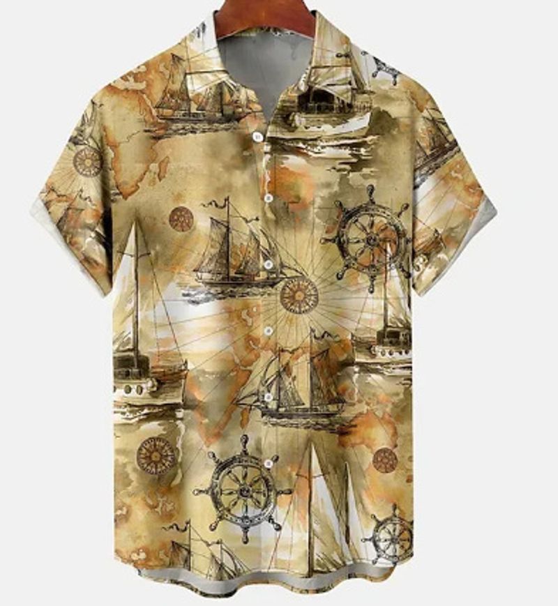 Men's European And American Spring New 3D Printed Polo Collar Short Sleeve Retro Stripe Casual Shirt Men's_voghion.com