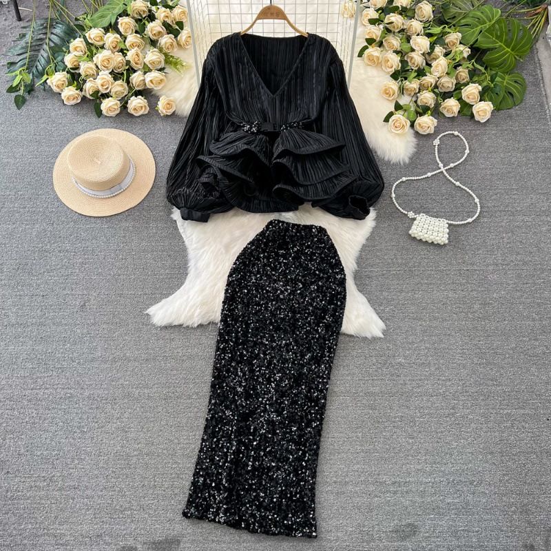 Women's Fashion Set Female Socialite Temperament Lantern Long Sleeve V-neck Lotus Leaf Bright Face Shirt Women's High Waist Sequin Skirt_voghion.com