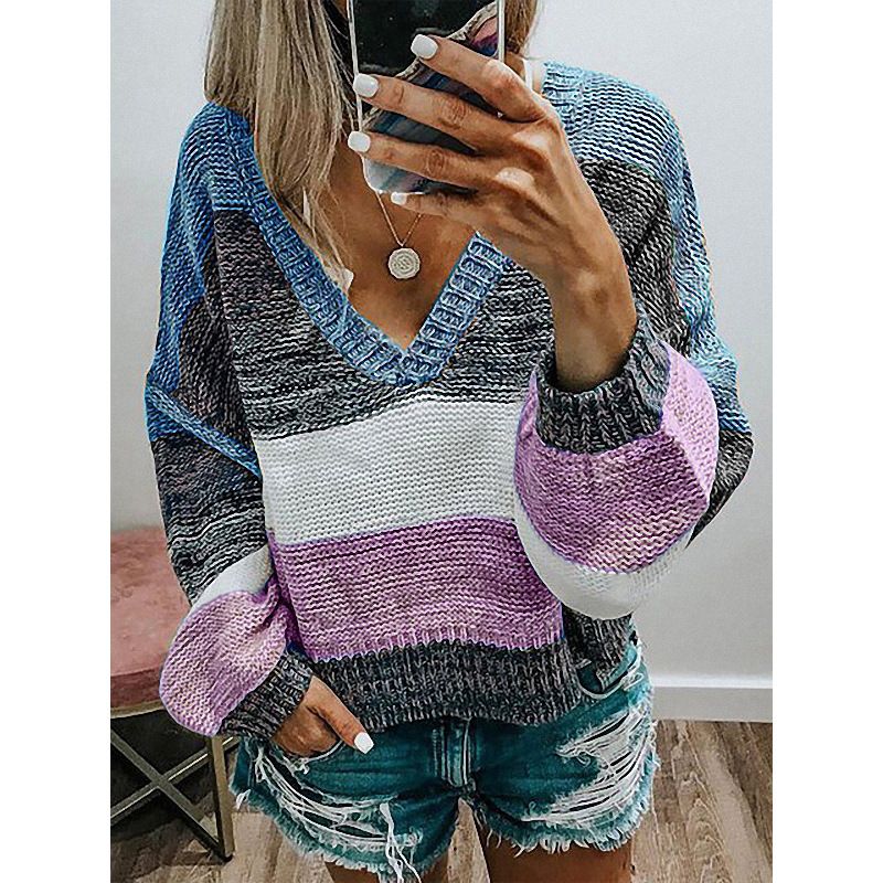Maglione casual da donna in maglia a righe intercolori con scollo a V_voghion.com
