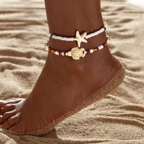 Zweiteiliges Set Hot Item Fußkettchen für Mädchen High-End Sommer Exotisch Strand Perle Seestern Schildkröte Fußschmuck_voghion.com