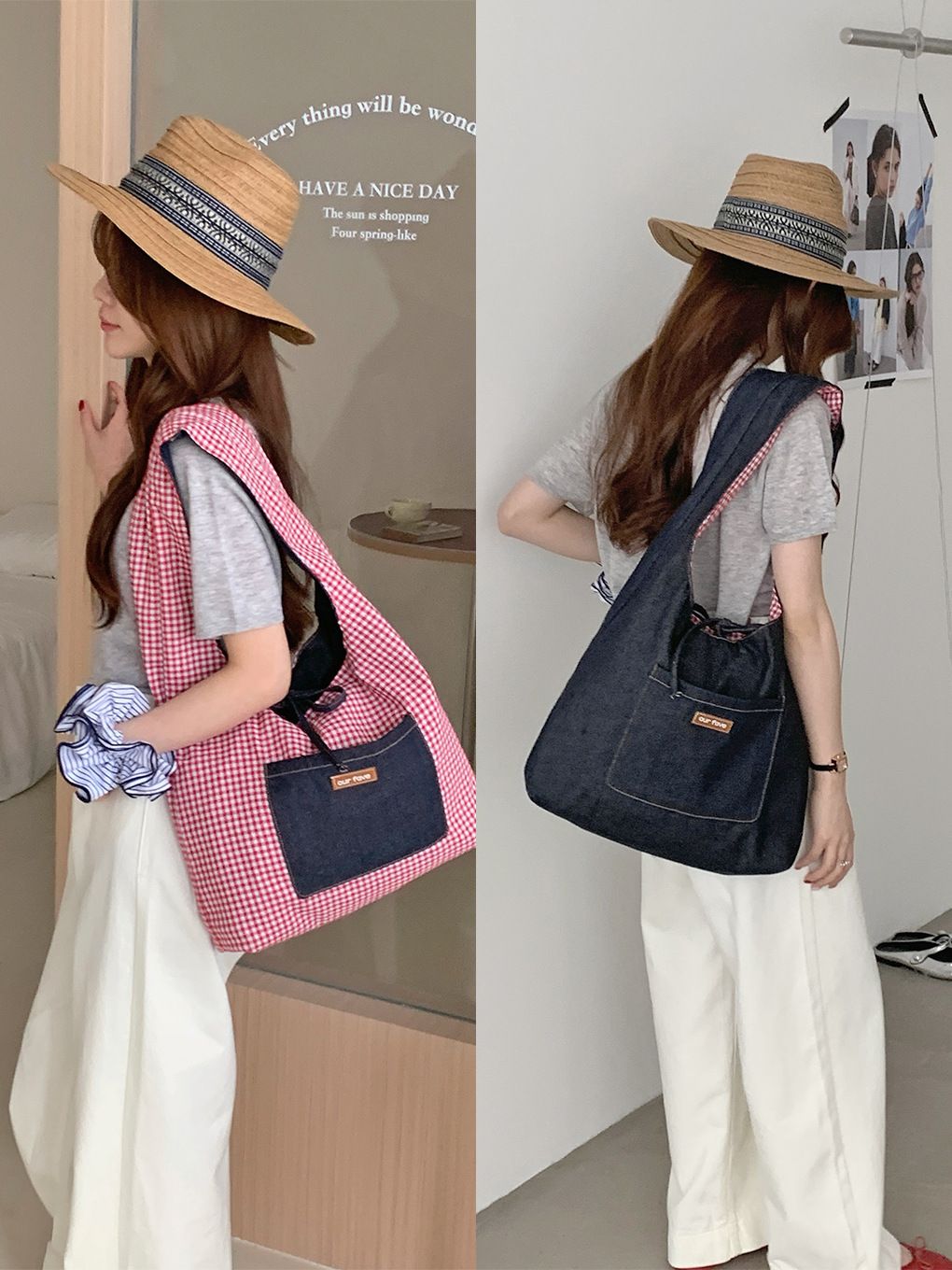 New Cowboy Double-sided Women's Versatile Large Capacity Plaid Simple Solid Color Shoulder Handbag, Commuter Bag_voghion.com