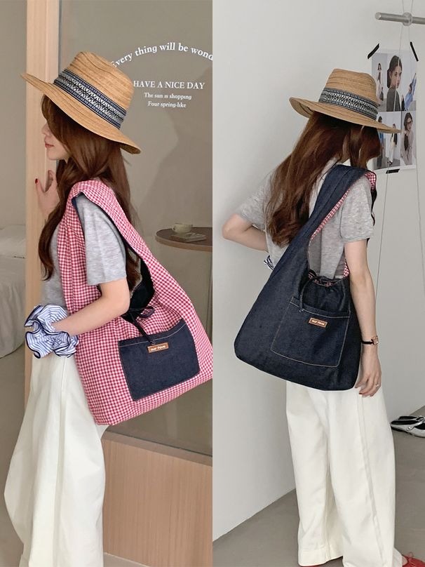 New Cowboy Double-sided Women's Versatile Large Capacity Plaid Simple Solid Color Shoulder Handbag, Commuter Bag_voghion.com
