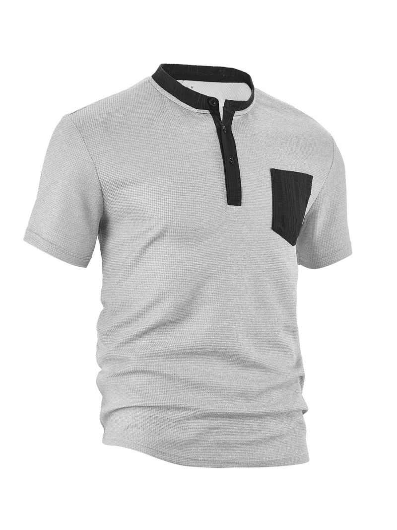 Unschlagbare Qualität Herrenbekleidung Inventar Sommer Neues Produkt Maschinenwaschbare Patch-Tasche, offene Knopfleiste, Farbblock-Polyester-Waffel_voghion.com