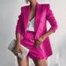 Elegantes Damen-Set aus Langarm-Blazer und Shorts – Bürokleidung aus Stretch-Polyester (Einheitsgröße, Schwarz/Braun/Pink, bequeme Passform)_voghion.com