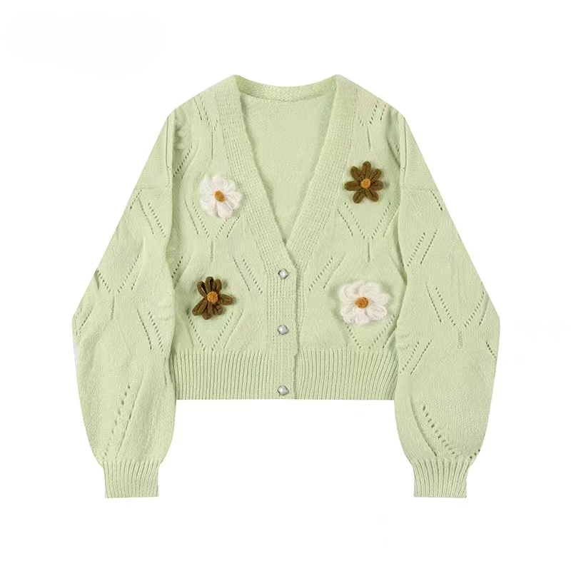 Cardigans à manches longues et col en v pour femmes, élégant, doux, tricot à fleurs, décontracté, simple boutonnage, vêtements d'avertissement, pull vert, hiver_voghion.com